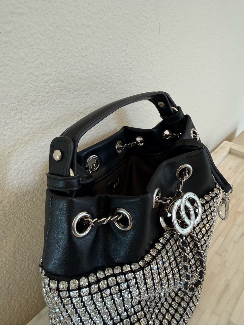 Black Rhinestone-Embellished Drawstring Bucket Bag - Picture 2 of 3